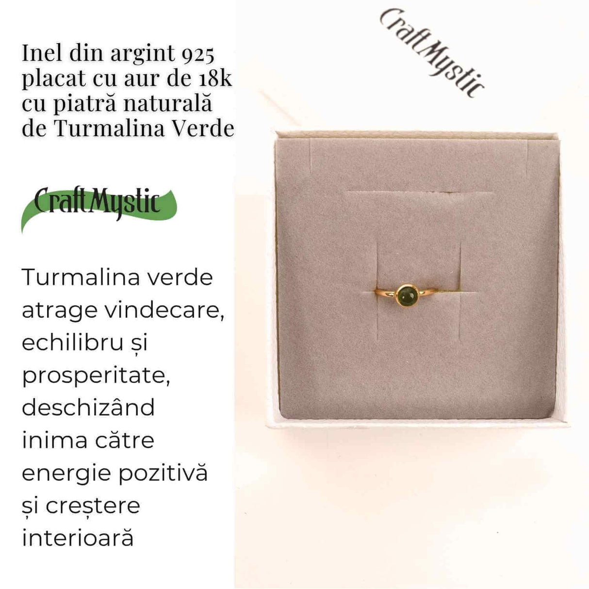 Inel Argint 925 Placat cu Aur 18K cu Turmalina Verde Marime 51 (EU) / 5.5 (US) - Echilibru si Incredere Interioara