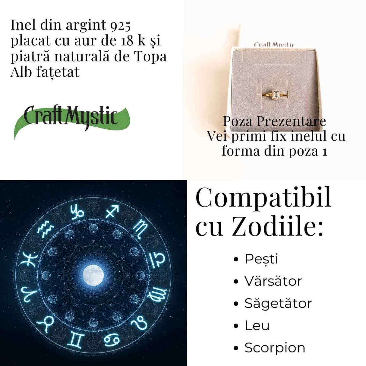 Inel argint 925 placat cu aur 18K si Topaz Alb fatetat rotund - Claritate si Eleganta