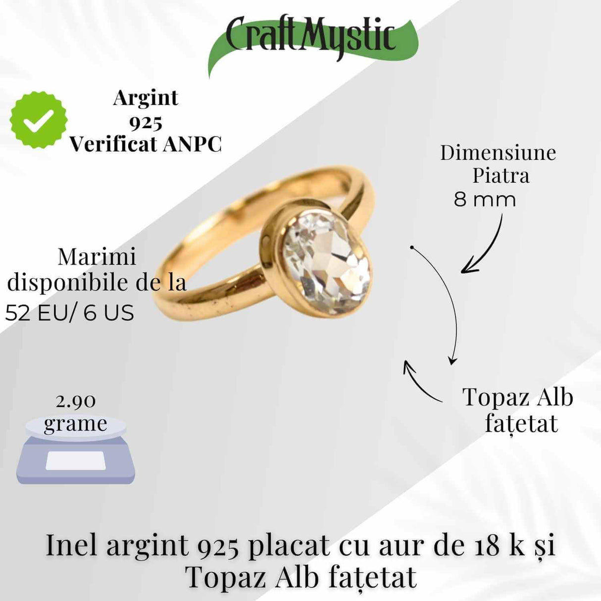 Inel argint 925 placat cu aur 18k si Topaz Alb oval fatetat