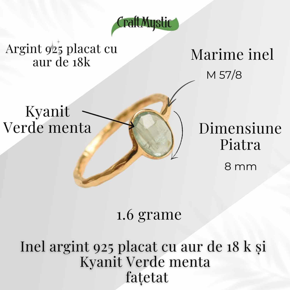 Inel argint 925 placat cu aur 18K si Kyanit verde menta fatetat - Echilibru si incredere