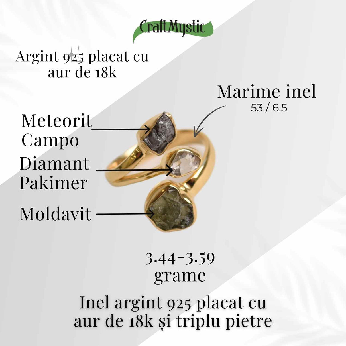Inel argint 925 placat cu aur de 18k cu Moldavit, Meteorit si Diamant Pakimer marime 57.5/8 - Putere cosmica si claritate