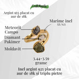 Inel argint 925 placat cu aur de 18k cu Moldavit, Meteorit si Diamant Pakimer marime 57.5/8 - Putere cosmica si claritate