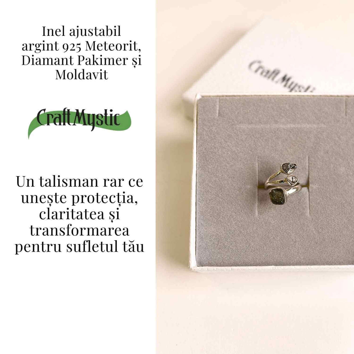 Inel ajustabil din argint 925 cu tripla piatra naturala Moldavit, Diamant Pakimer si Meteorit Campo del Cielo