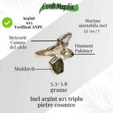 Inel ajustabil din argint 925 cu tripla piatra naturala Moldavit, Diamant Pakimer si Meteorit Campo del Cielo