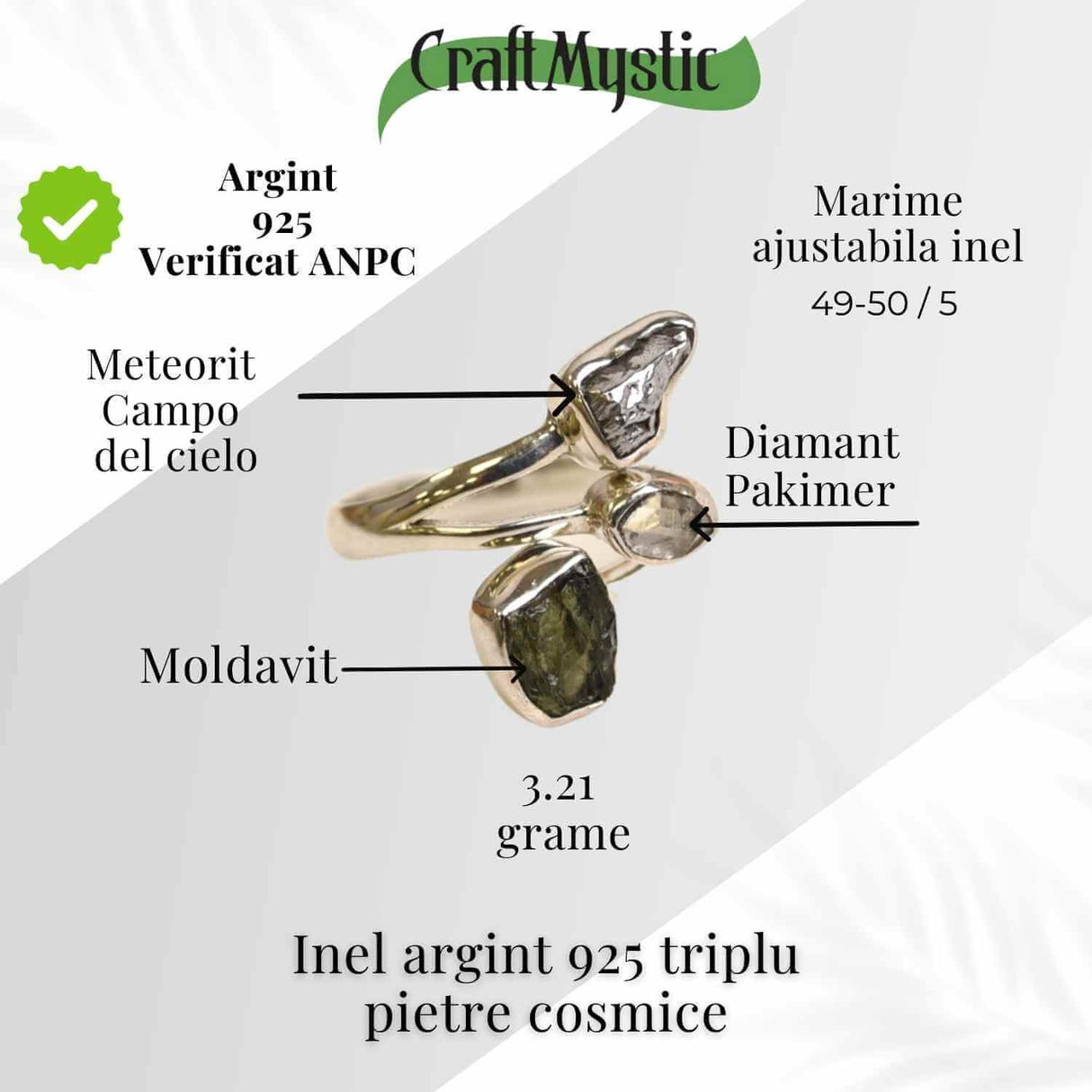 Inel ajustabil din argint 925 cu tripla piatra naturala Moldavit, Diamant Pakimer si Meteorit Campo del Cielo