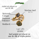 Inel argint 925 placat cu aur de 18k cu Moldavit, Meteorit si Diamant Pakimer marime 57.5/8 - Putere cosmica si claritate