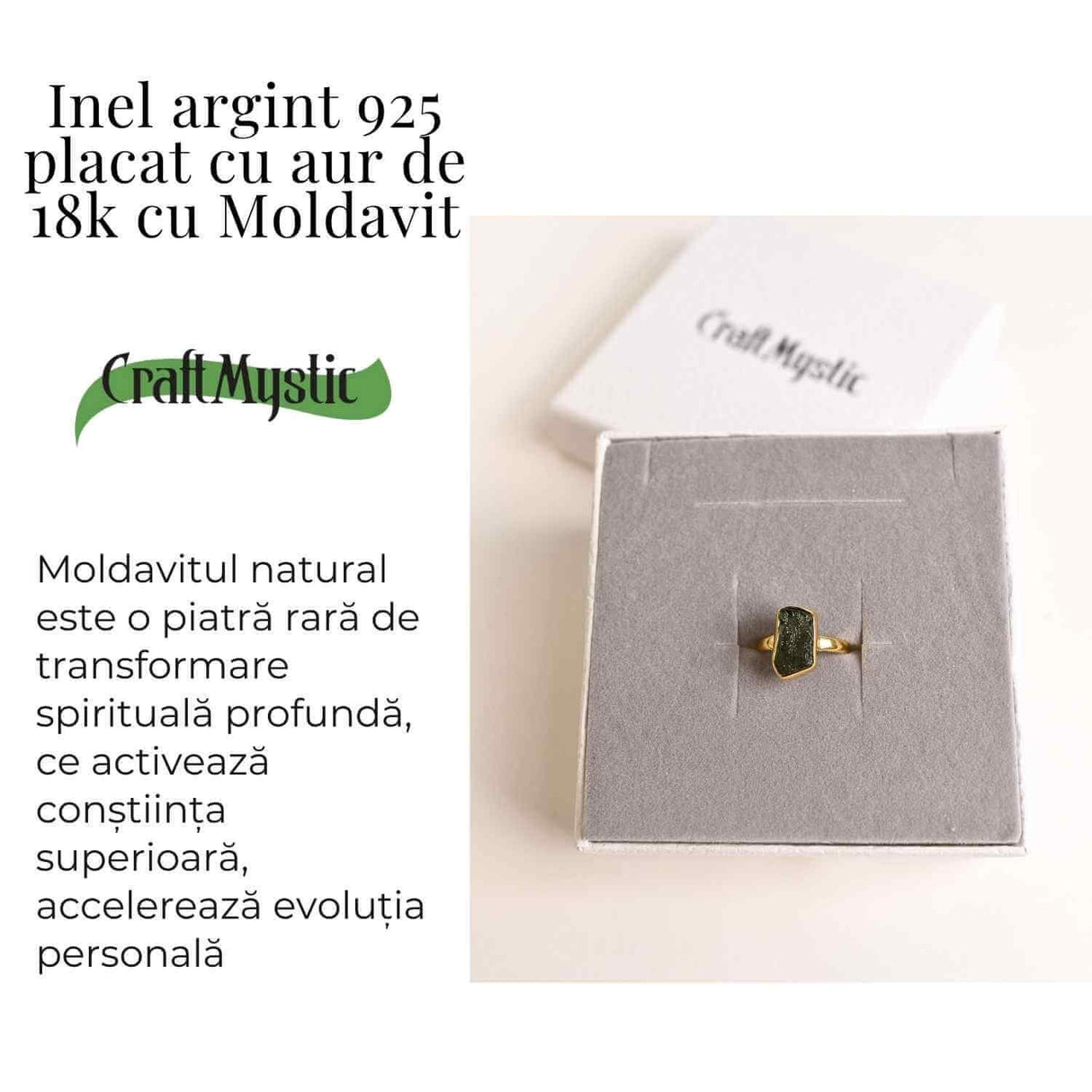 Inel argint 925 placat cu aur de 18k cu Moldavit natural 5 marime 53/6 - Evolutie interioara si protectie