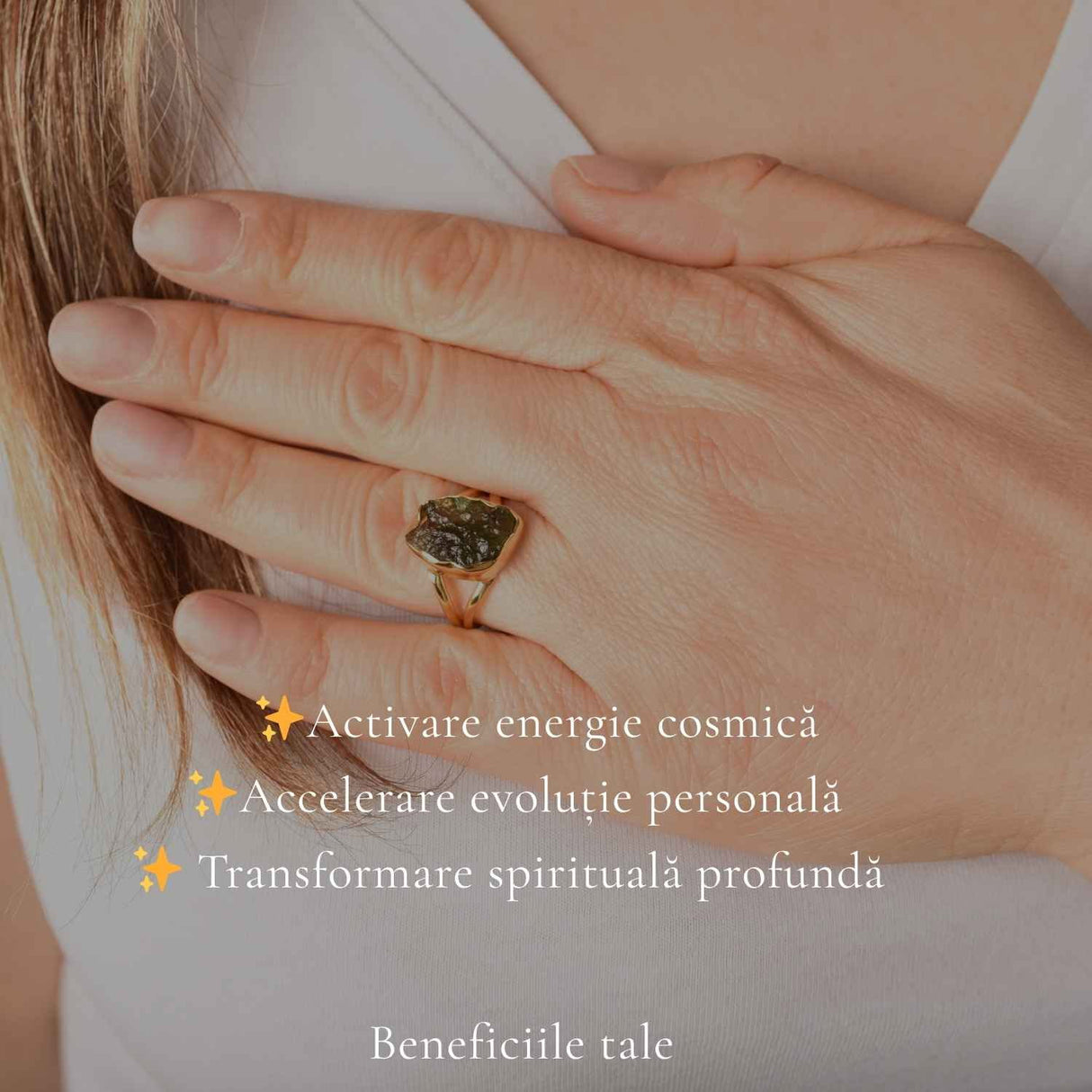 Inel cu Moldavit Verde Brut – Argint 925 Placat Aur 18K, M8.5/58 - Energie Universala si Echilibru