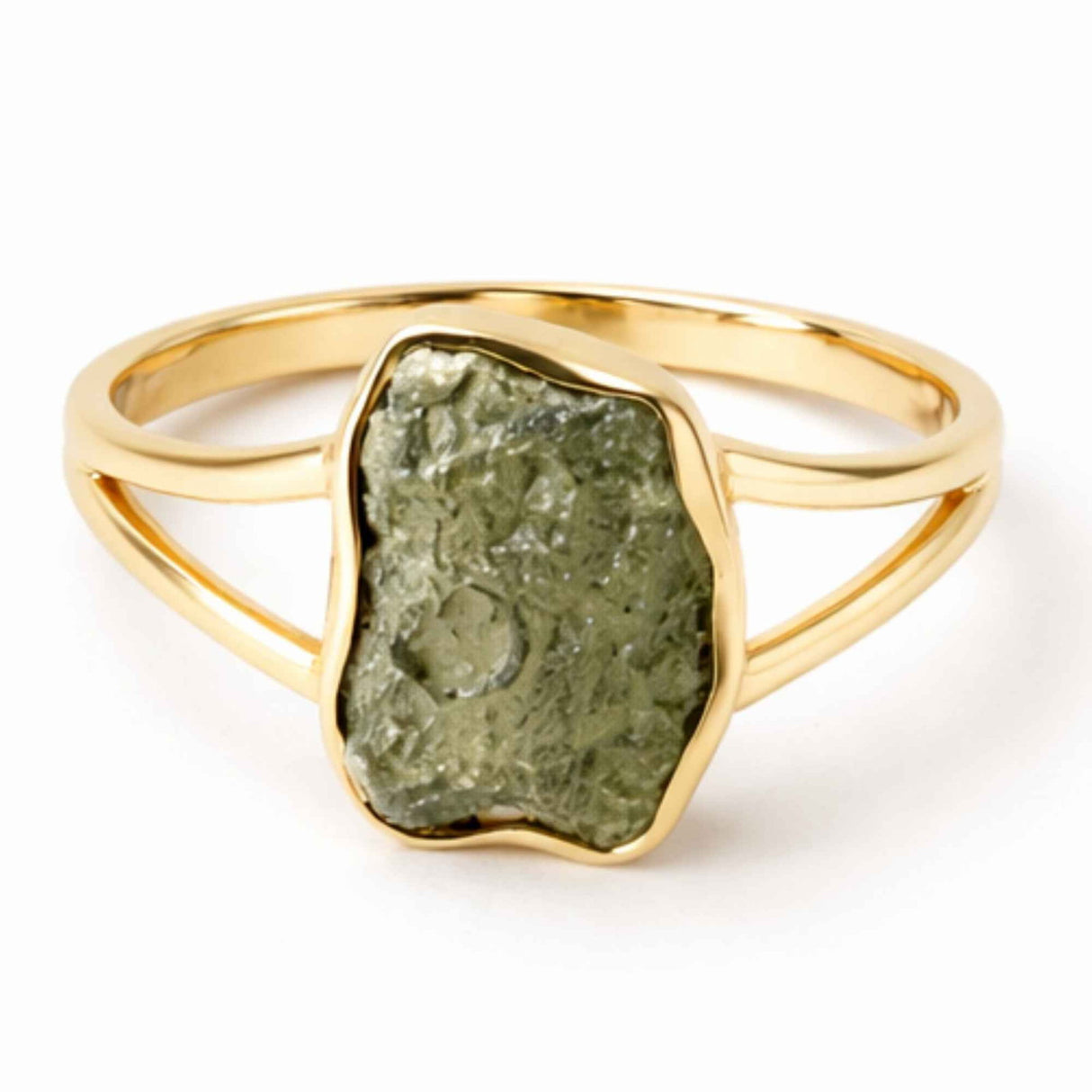 Inel cu Moldavit Verde Brut – Argint 925 Placat Aur 18K, M8.5/58 - Energie Universala si Echilibru