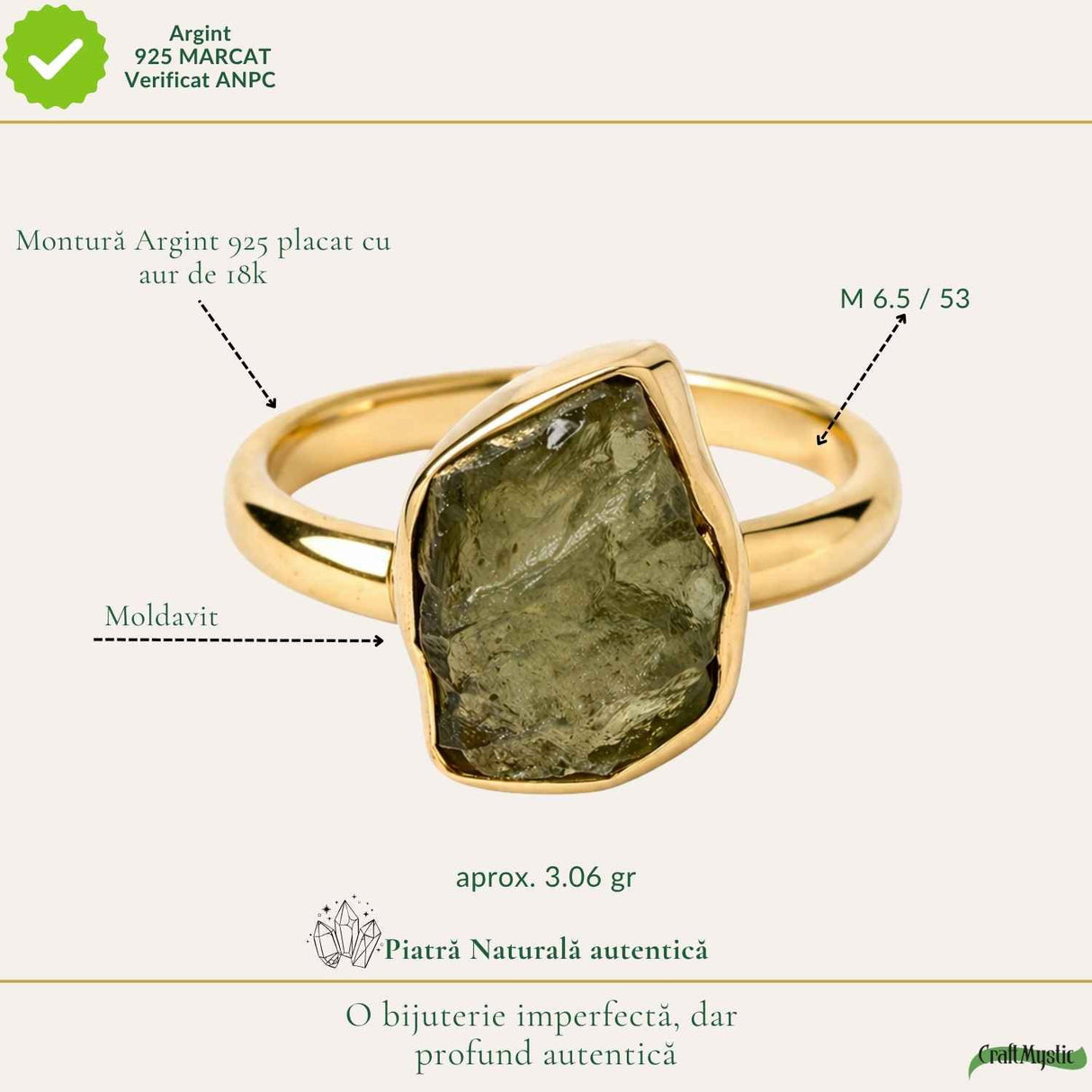 Inel argint 925 placat cu aur de 18k si moldavit brut neuniform, M6.5/53 – energie puternica si transformare autentica