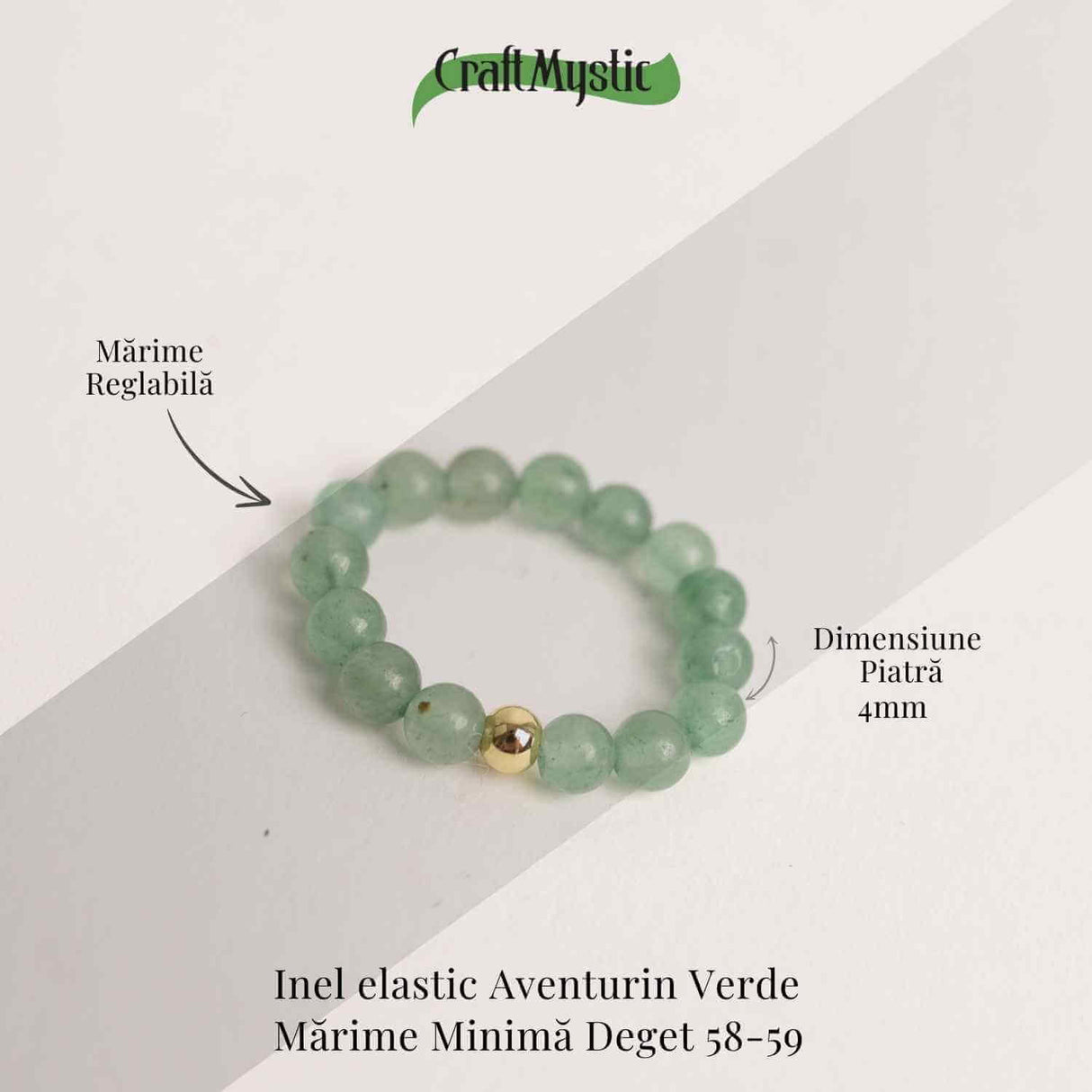 Inel elastic cu biluta aurie si margele 4 mm din pietre naturale - Aventurin Verde