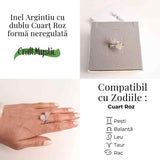 Inel Reglabil Argintiu cu Dublu Cuart Roz, Dragoste Si Armonie