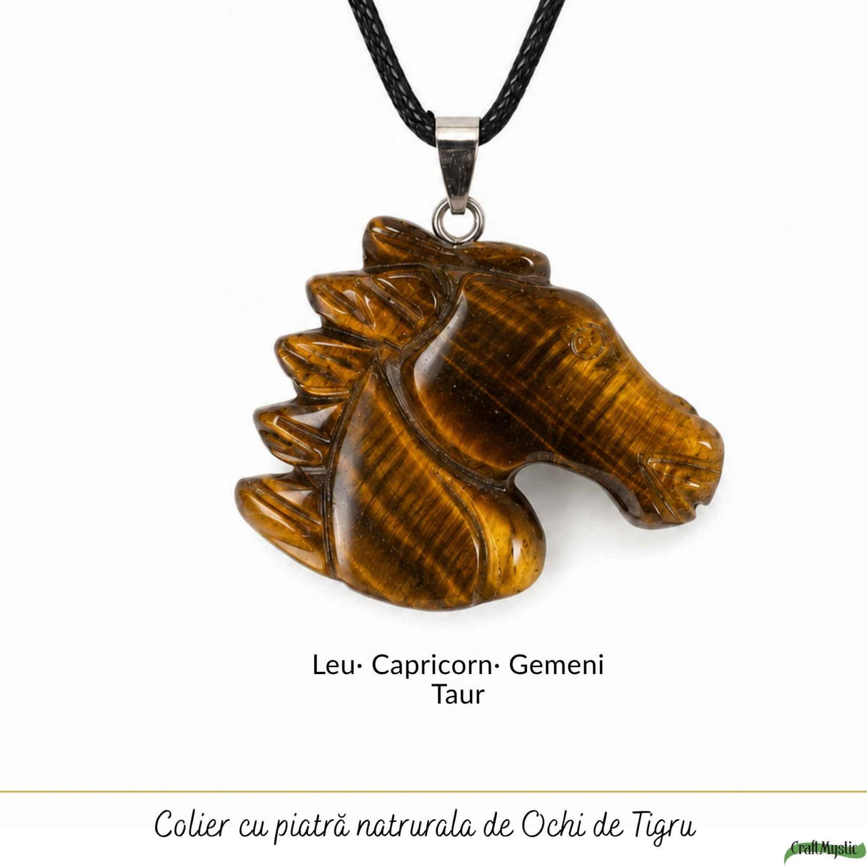 Colier cu Ochi de Tigru Natural in Forma de Cal – Curaj, Protectie si incredere