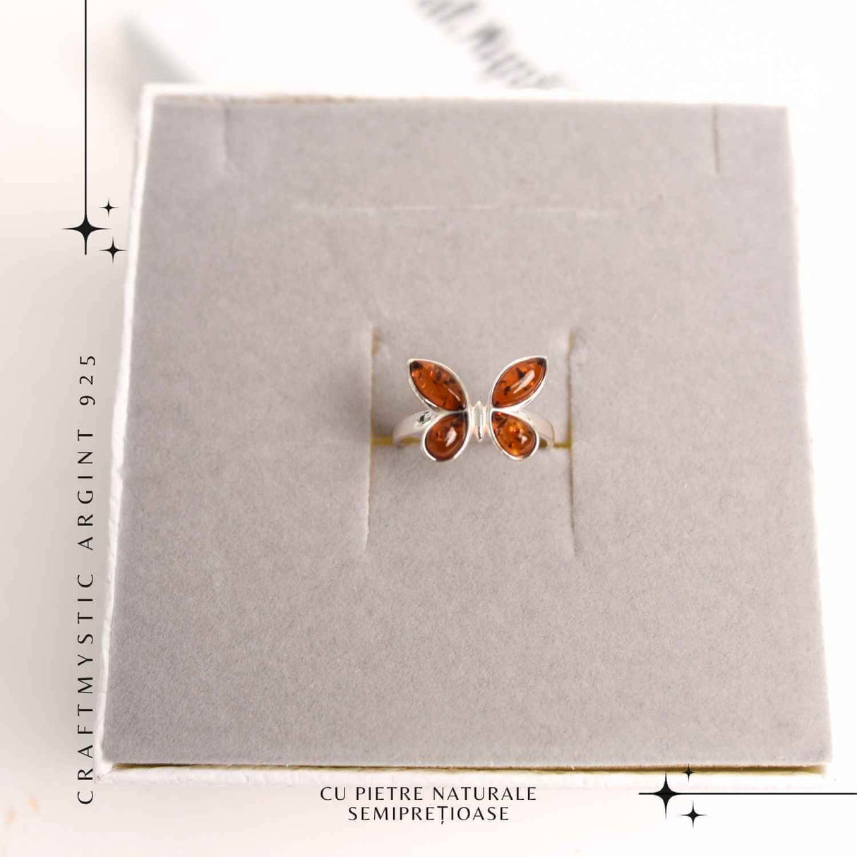Inel ajustabil argint 925 cu chihlimbar natural forma de fluture- Simbol al elegantei si transformarii