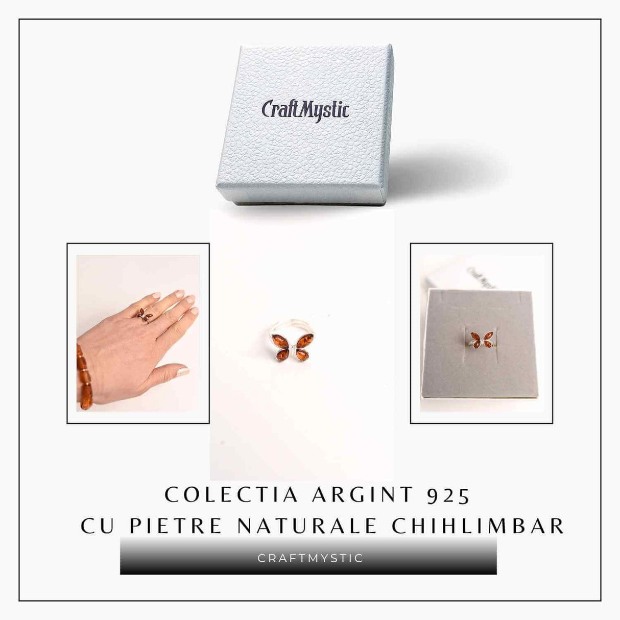Inel ajustabil argint 925 cu chihlimbar natural forma de fluture- Simbol al elegantei si transformarii