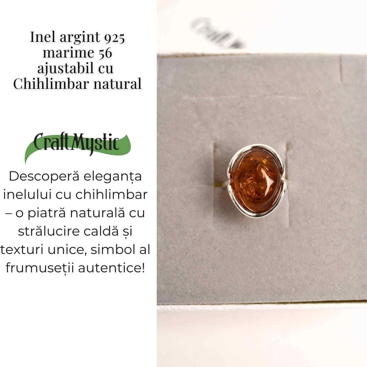 Inel argint 925 ajustabil cu chihlimbar natural - Energie si Eleganta