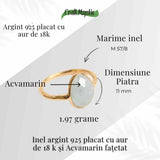Inel cu Acvamarin Fatetat din Argint 925 placat cu Aur de 18K 1.59gr M50.5/5.5- Liniste Interioara si Claritate in Comunicarea Sufletului