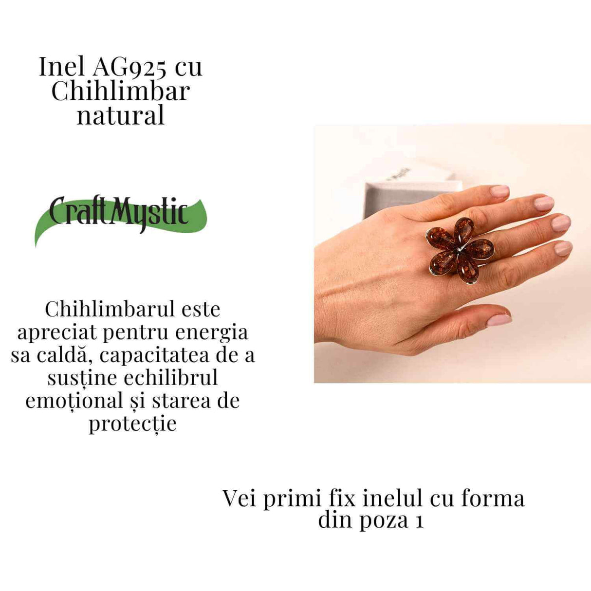 Inel floare din argint 925 cu chihlimbar natural - Floare a caldurii interioare