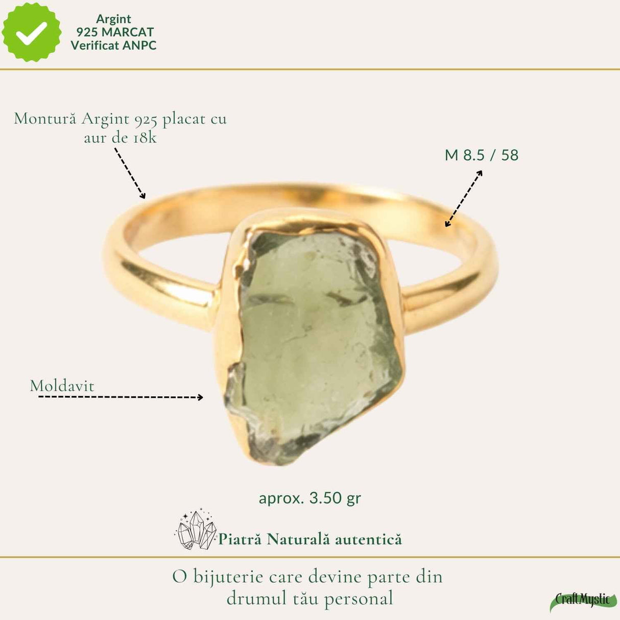 Inel cu Moldavit Brut si Argint 925 Placat Aur 18K, M8.5/58 - Protectie si Intuitie