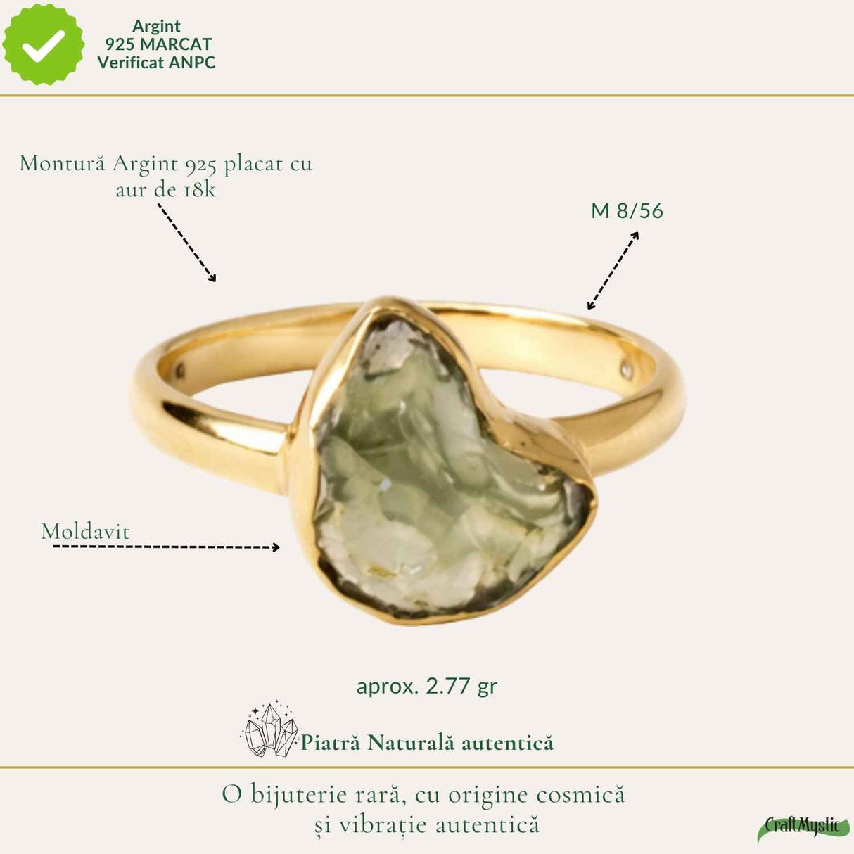 Inel Elegant cu Moldavit Natural, Argint 925 Placat cu Aur 18K, M8/56 - Vibratii Inalte