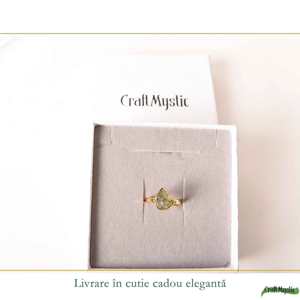 Inel Elegant cu Moldavit Natural, Argint 925 Placat cu Aur 18K, M8/56 - Vibratii Inalte
