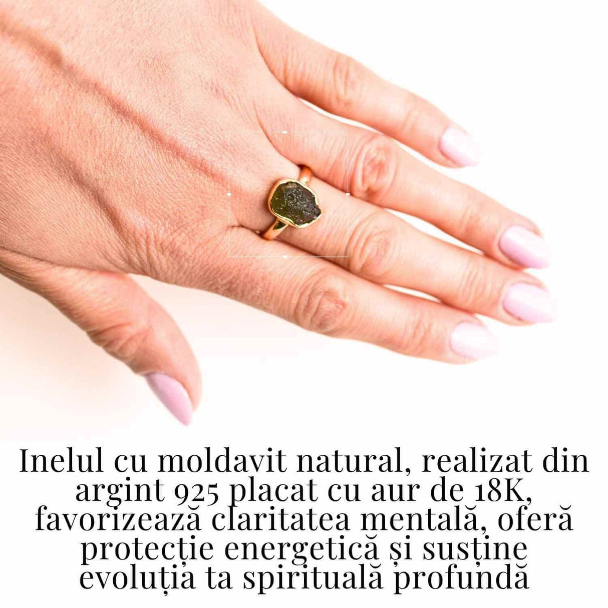 Inel din Argint Aurit cu Moldavit 2.38 gr Marime 48-49 (EU) / 5 (US) - Piatra Transformarii si Conexiunii Divine