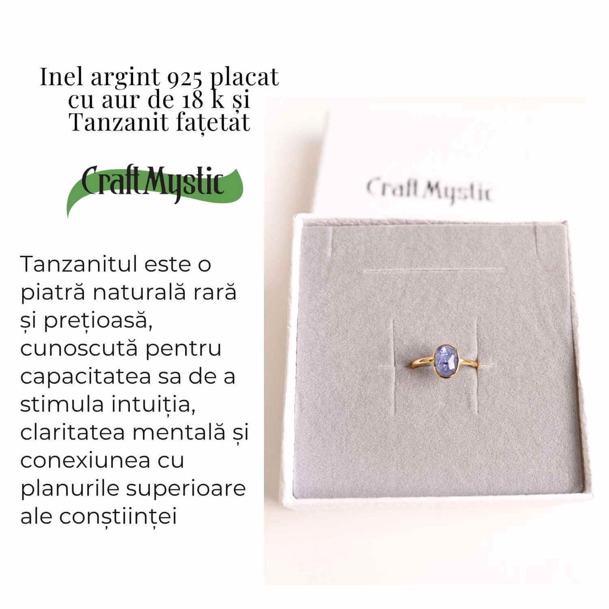 Inel cu Tanzanit Fatetat din Argint 925 placat cu Aur de 18K 1.53 gr M53/6.5 - Claritate Mentala si Activare Spirituala