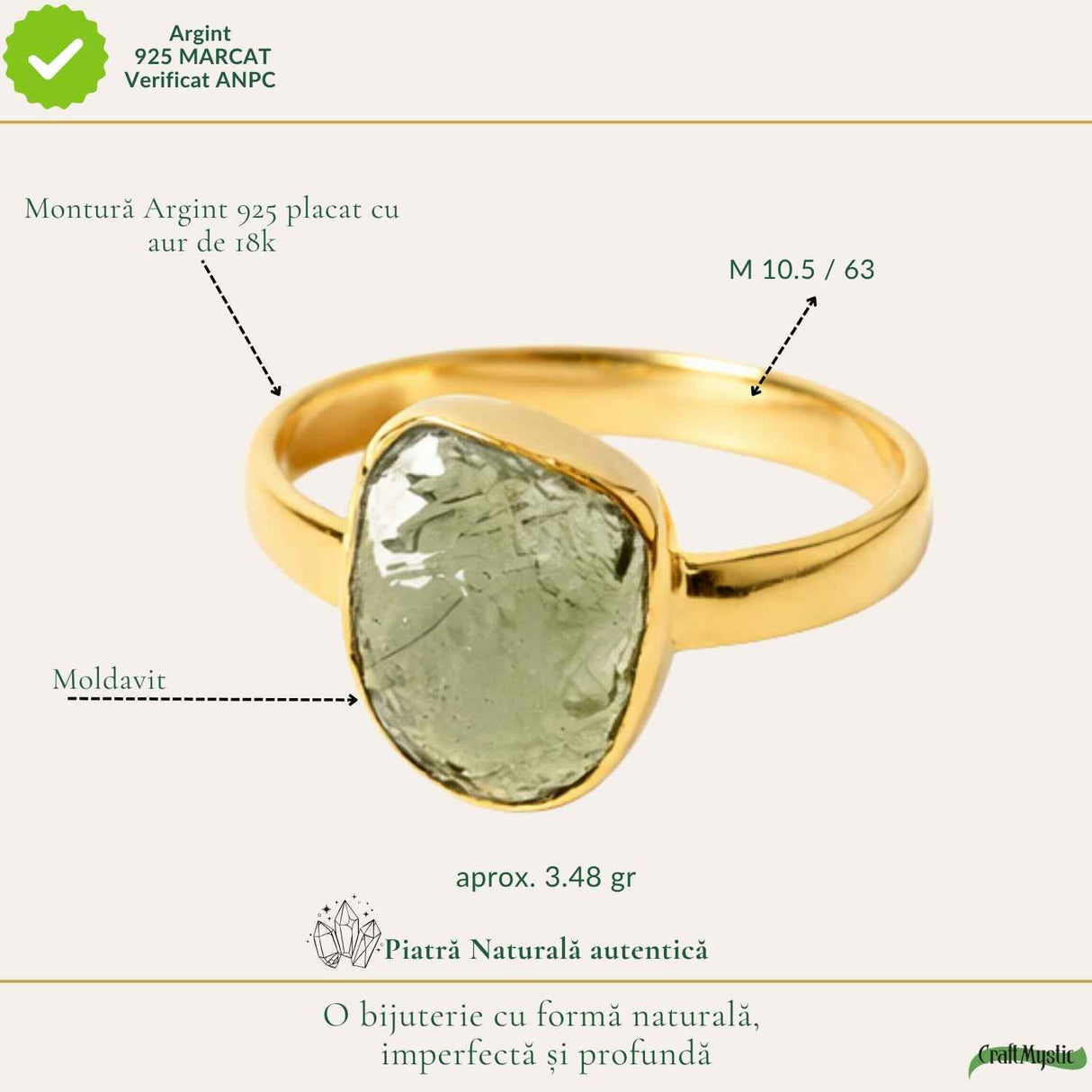 Inel cu Moldavit Natural si Argint 925 Placat Aur 18K, M10.5/63 - Energie Universala