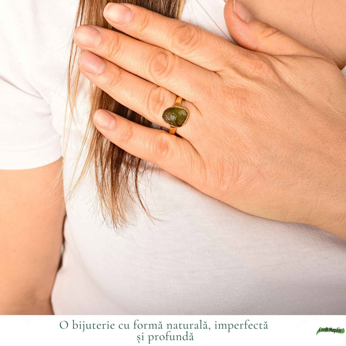 Inel cu Moldavit Natural si Argint 925 Placat Aur 18K, M10.5/63 - Energie Universala