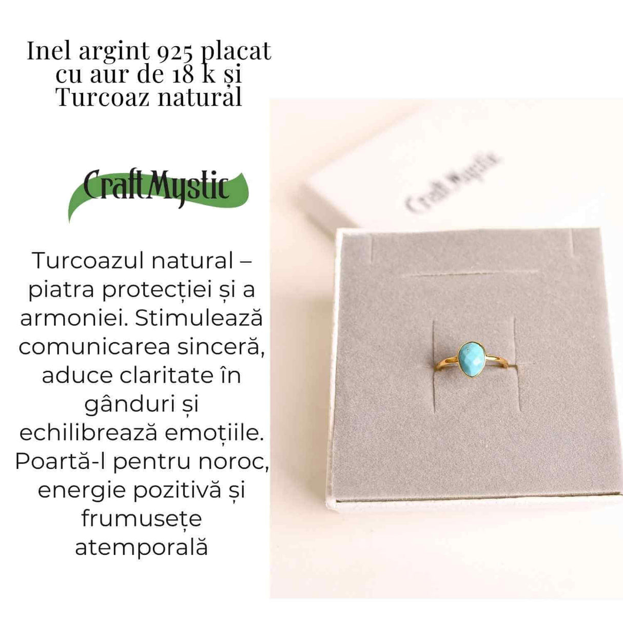 Inel argint 925 placat cu aur 18K si Turcoaz natural fatetat - Protectie, claritate și comunicare