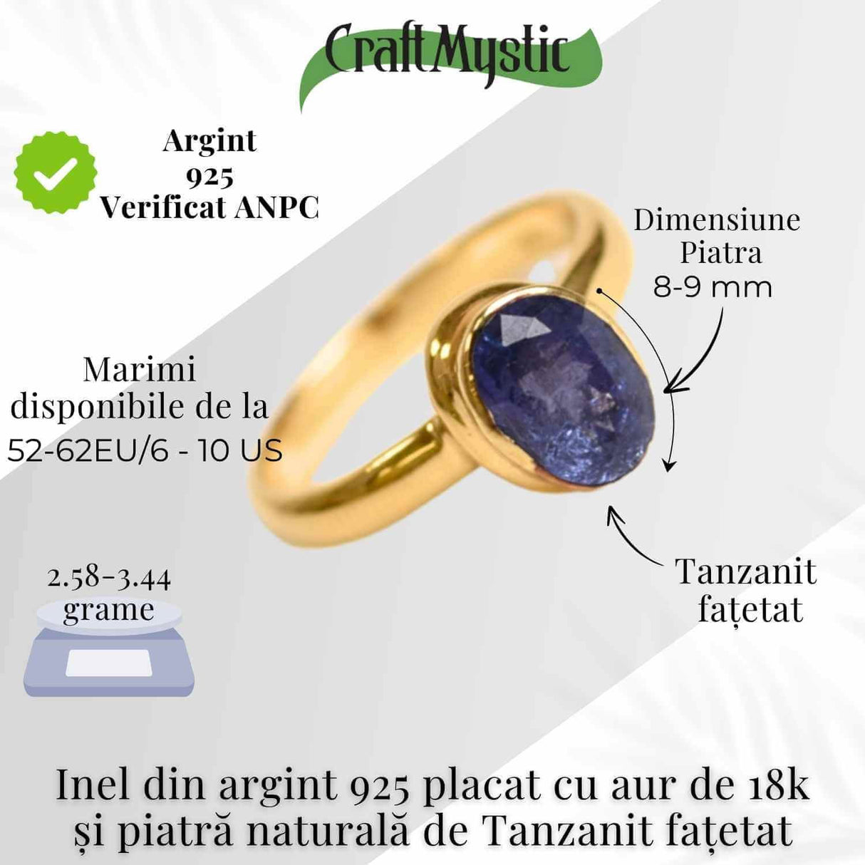 Inel argint 925 placat cu aur 18K si Tanzanit oval fatetat