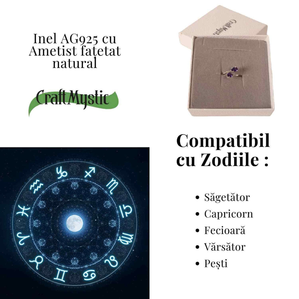 Inel reglabil din argint 925 cu dublu ametist, pentru liniste si concentrare