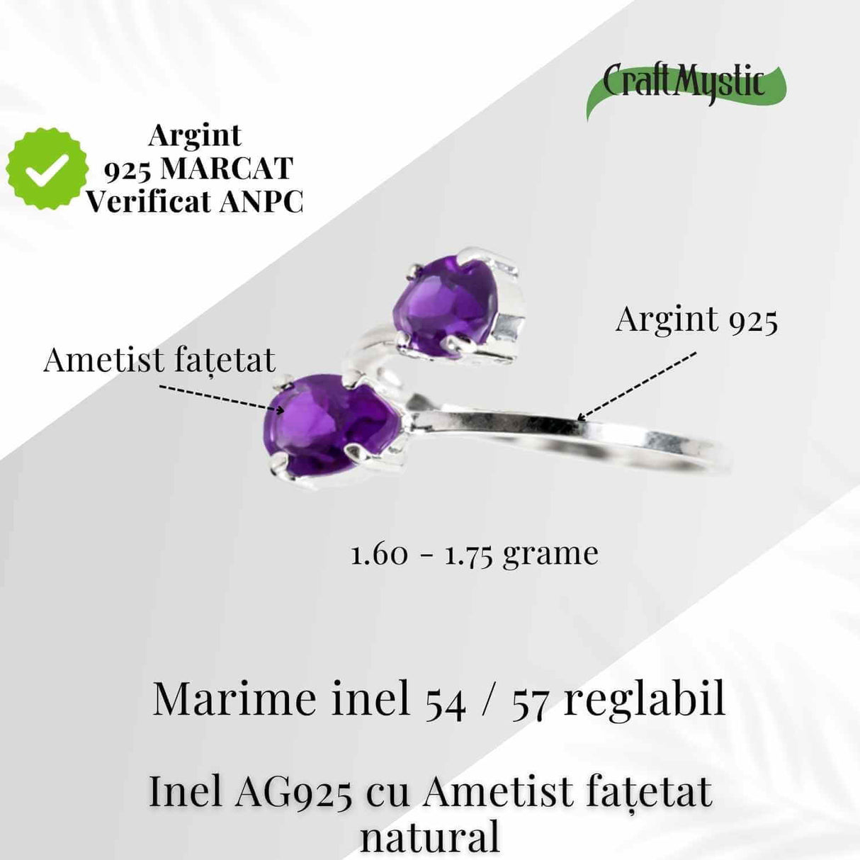 Inel reglabil din argint 925 cu dublu ametist, pentru liniste si concentrare
