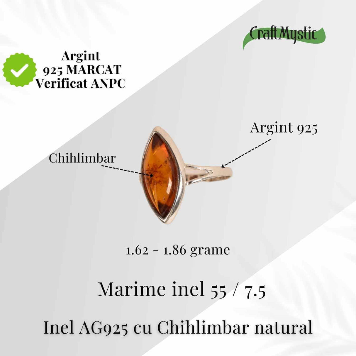 Inel marquis cu Chihlimbar Natural in montura de Argint 925 - Calmitate si Lumina