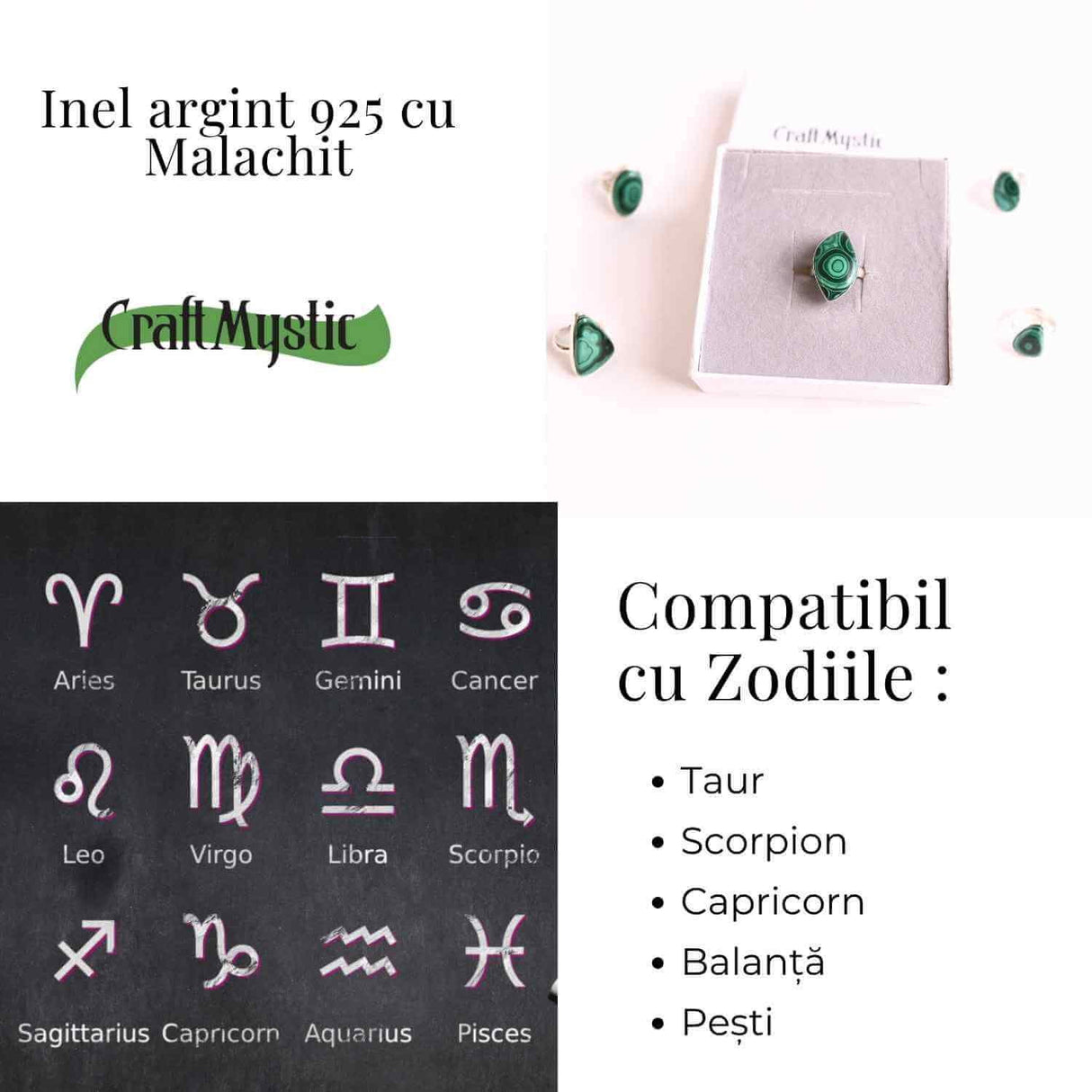 Inel din Argint 925 cu Malachit Natural 7.36 gr M52/6-Protectie Energetica si Echilibru Emotional in Timpul Transformarilor Interioare - Copie