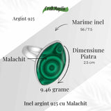 Inel din Argint 925 cu Malachit Natural 9.46 gr M56/7.5-Protectie Energetica si Echilibru Emotional pentru Transformare Interioara