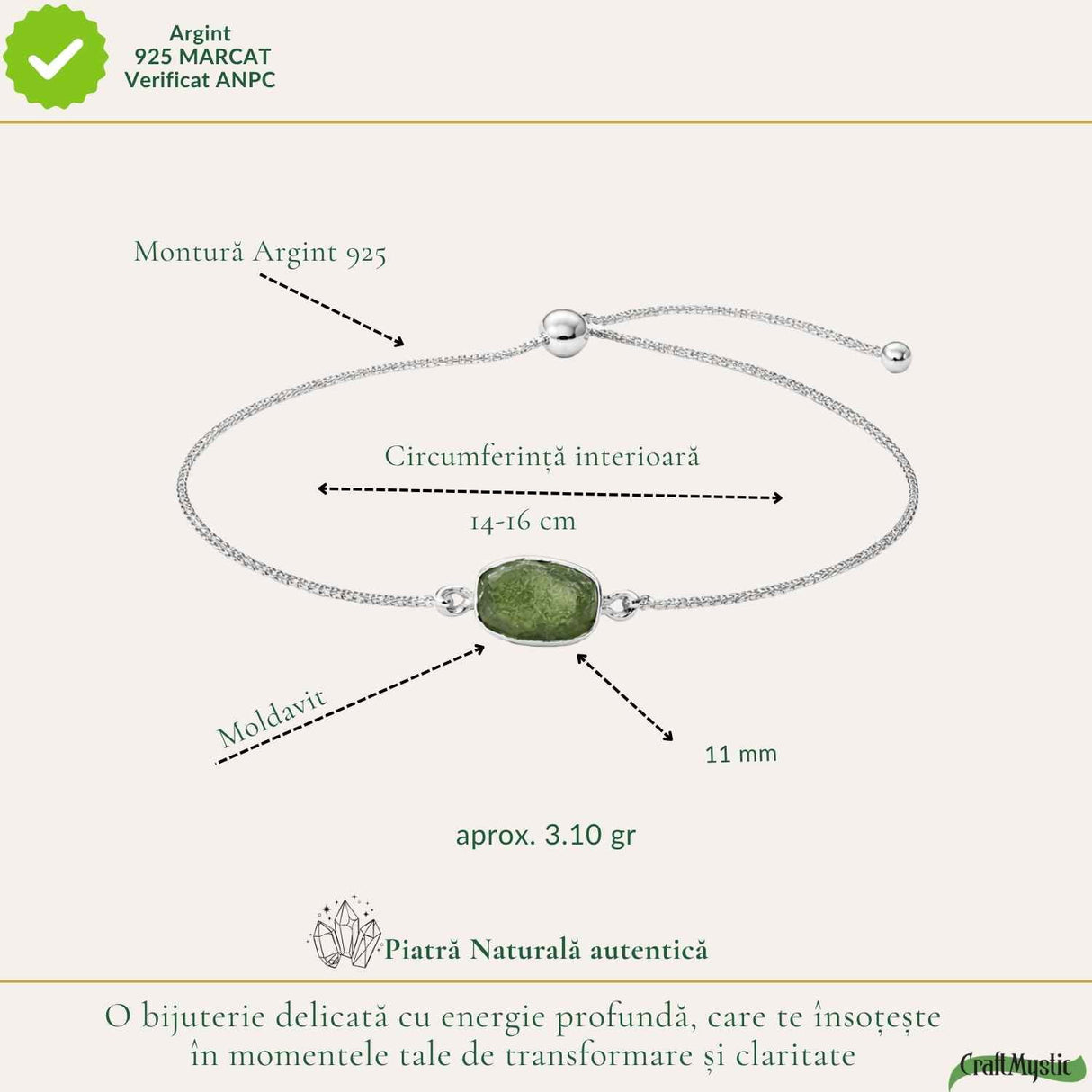 Bratara argint 925 cu Moldavit Dreptunghi Natural – Claritate si Energie Interioara