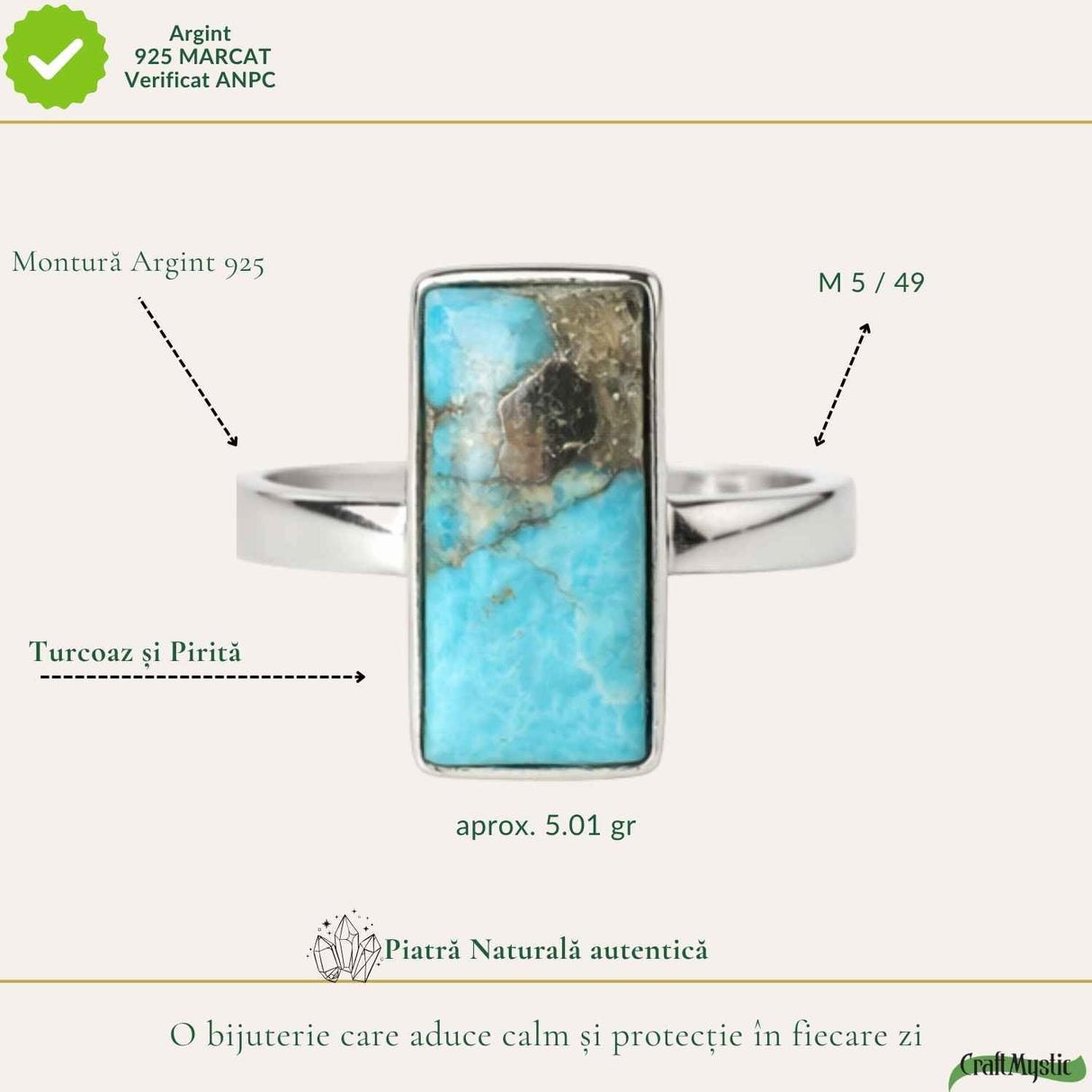 Inel Argint 925 cu Turcoaz si Pirita Dreptunghi – Protectie si Echilibru