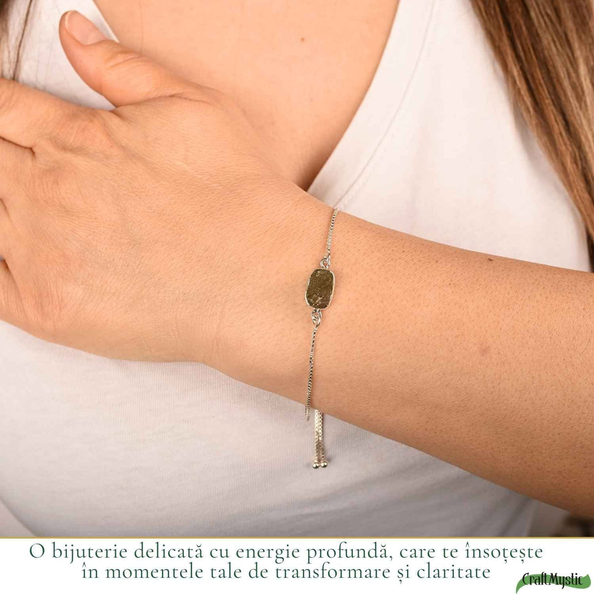 Bratara argint 925 cu Moldavit Dreptunghi Natural – Claritate si Energie Interioara