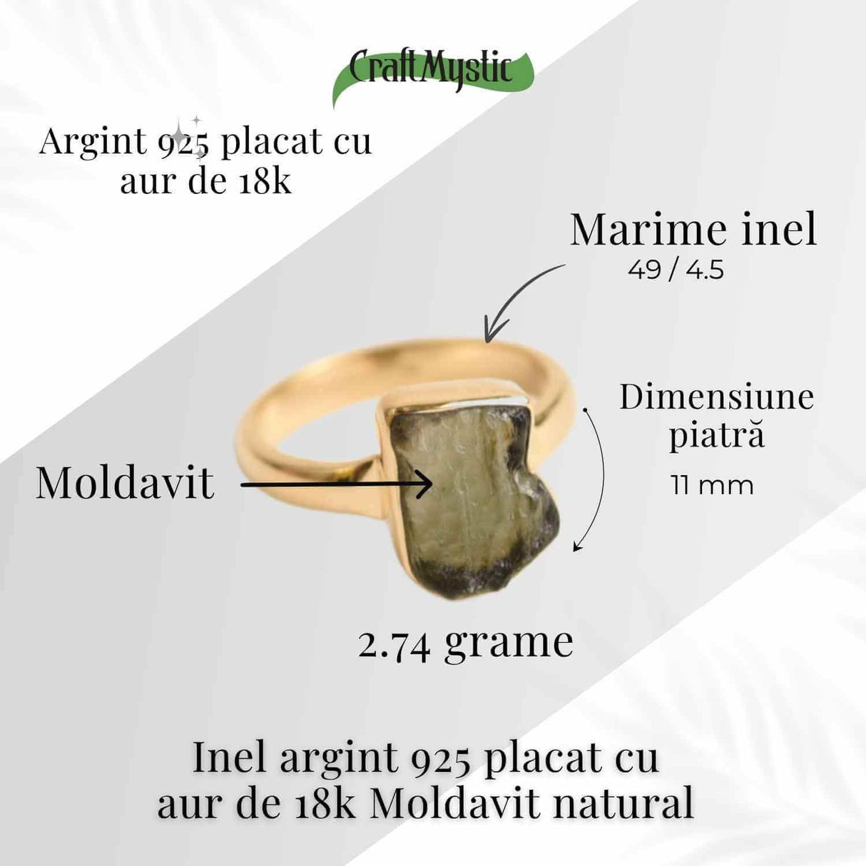 Inel din argint 925 cu Moldavit placat cu Aurit de 2.74gr 18k 46 (EU) / 4.5 (US)- Energia Metamorfozei Spirituale