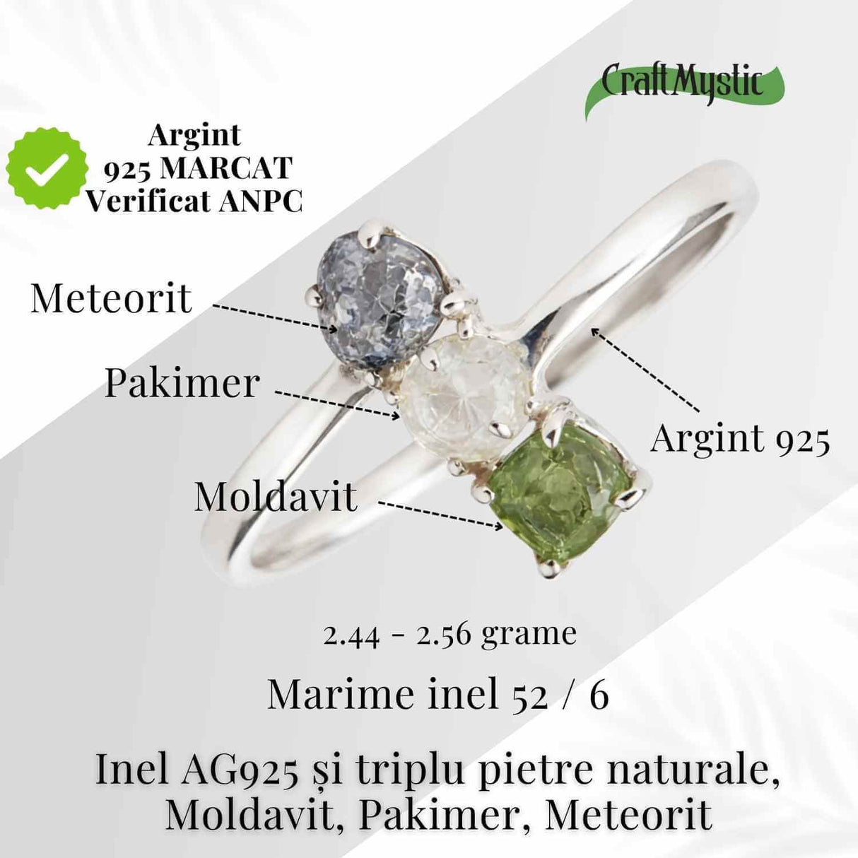 Inel din Argint 925 cu Moldavit, Pakimer si Meteorit - Conexiune si claritate