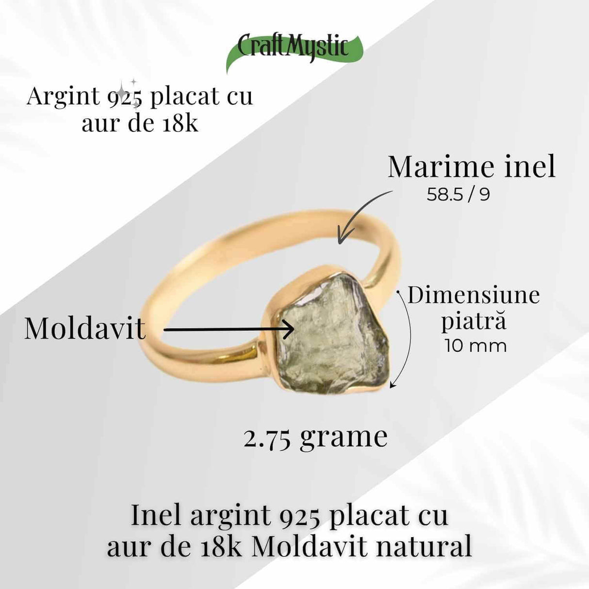 Inel cu Moldavit din Argint 925 placat cu Aur de 18K 2.75 gr 58.5 (EU) / 9 (US)- Piatra transformarii si evolutiei spirituale