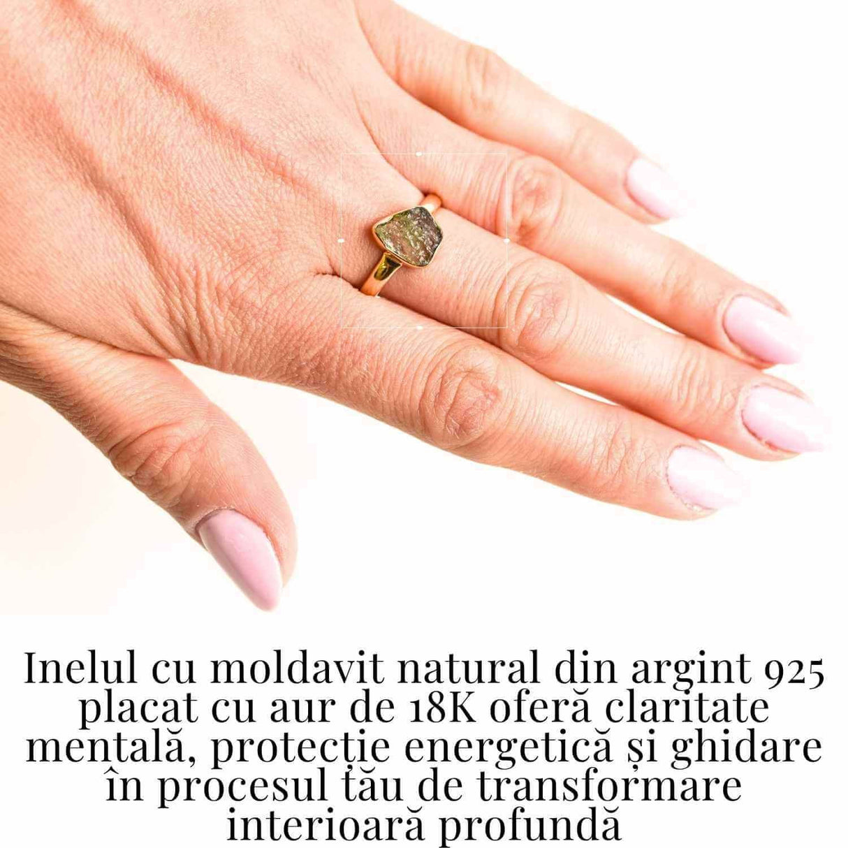 Inel cu Moldavit din Argint 925 placat cu Aur de 18K 2.75 gr 58.5 (EU) / 9 (US)- Piatra transformarii si evolutiei spirituale