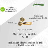 Inel Ajustabil Argint 925 placat cu aur de 18k si Dublu Pirita - Doua pietre, un singur centru interior