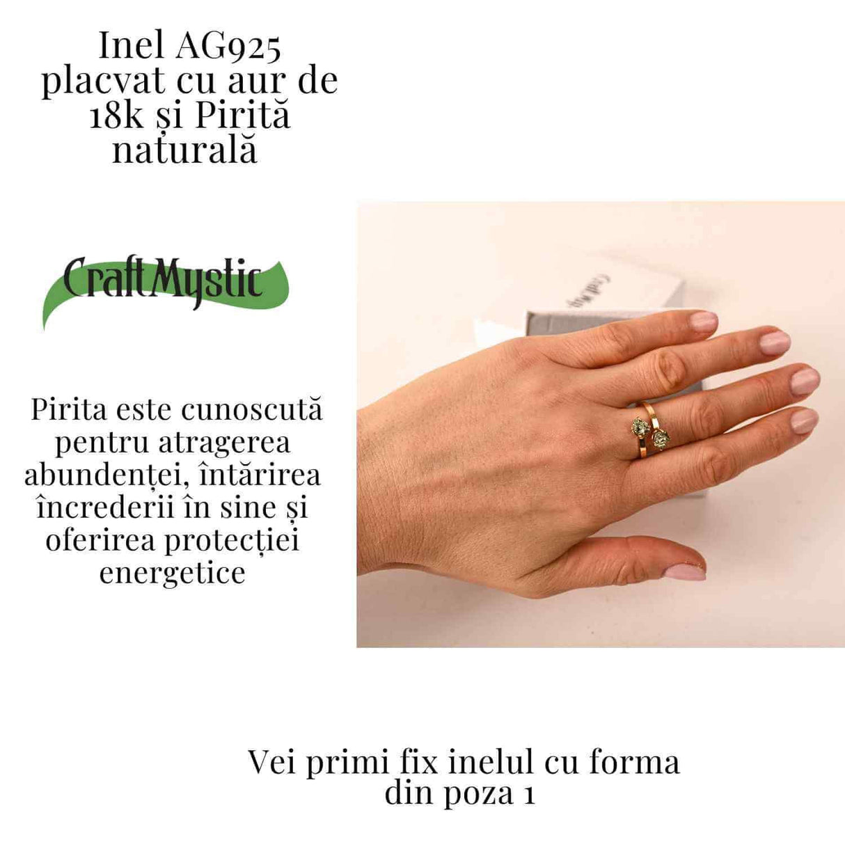 Inel Ajustabil Argint 925 placat cu aur de 18k si Dublu Pirita - Doua pietre, un singur centru interior