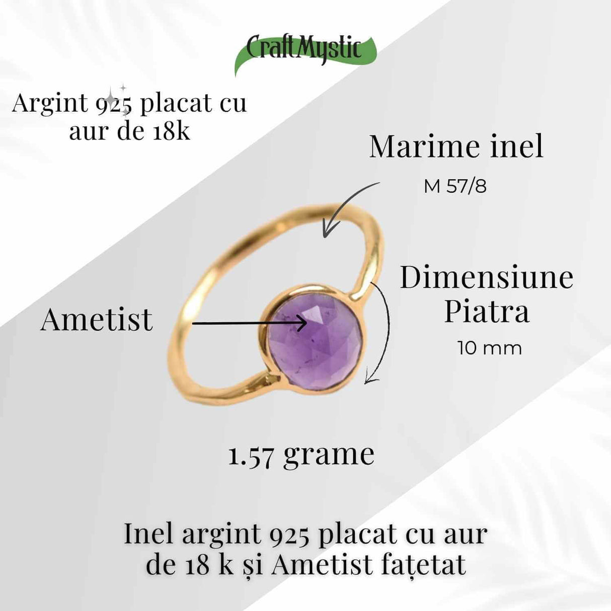 Inel din Argint 925 placat cu Aur de 18K cu Ametist Fatetat 1.58 gr M54 / 7- Claritate mentala si echilibru emotional