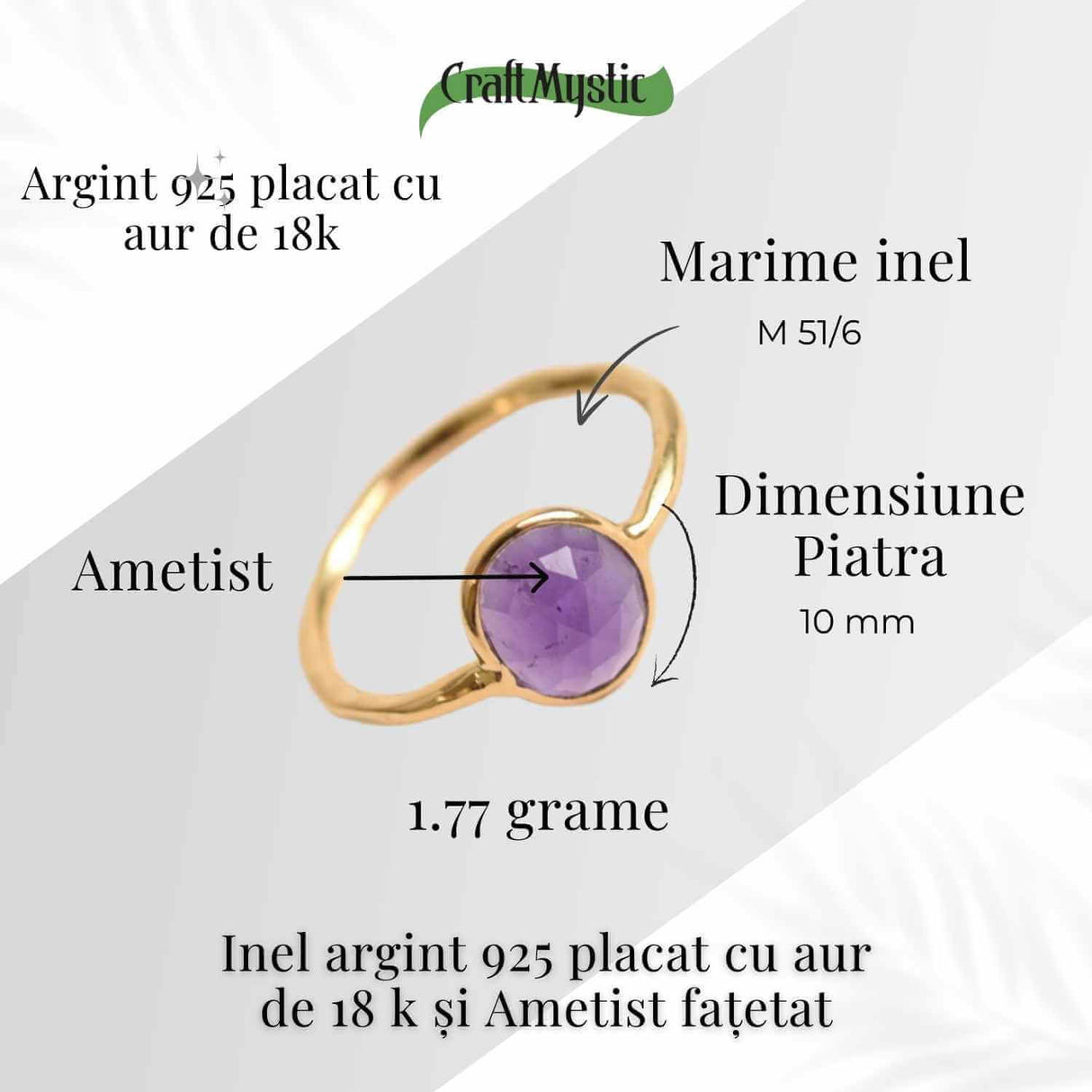 Inel din Argint 925 placat cu Aur de 18K cu Ametist Fatetat 1.58 gr M54 / 7- Claritate mentala si echilibru emotional