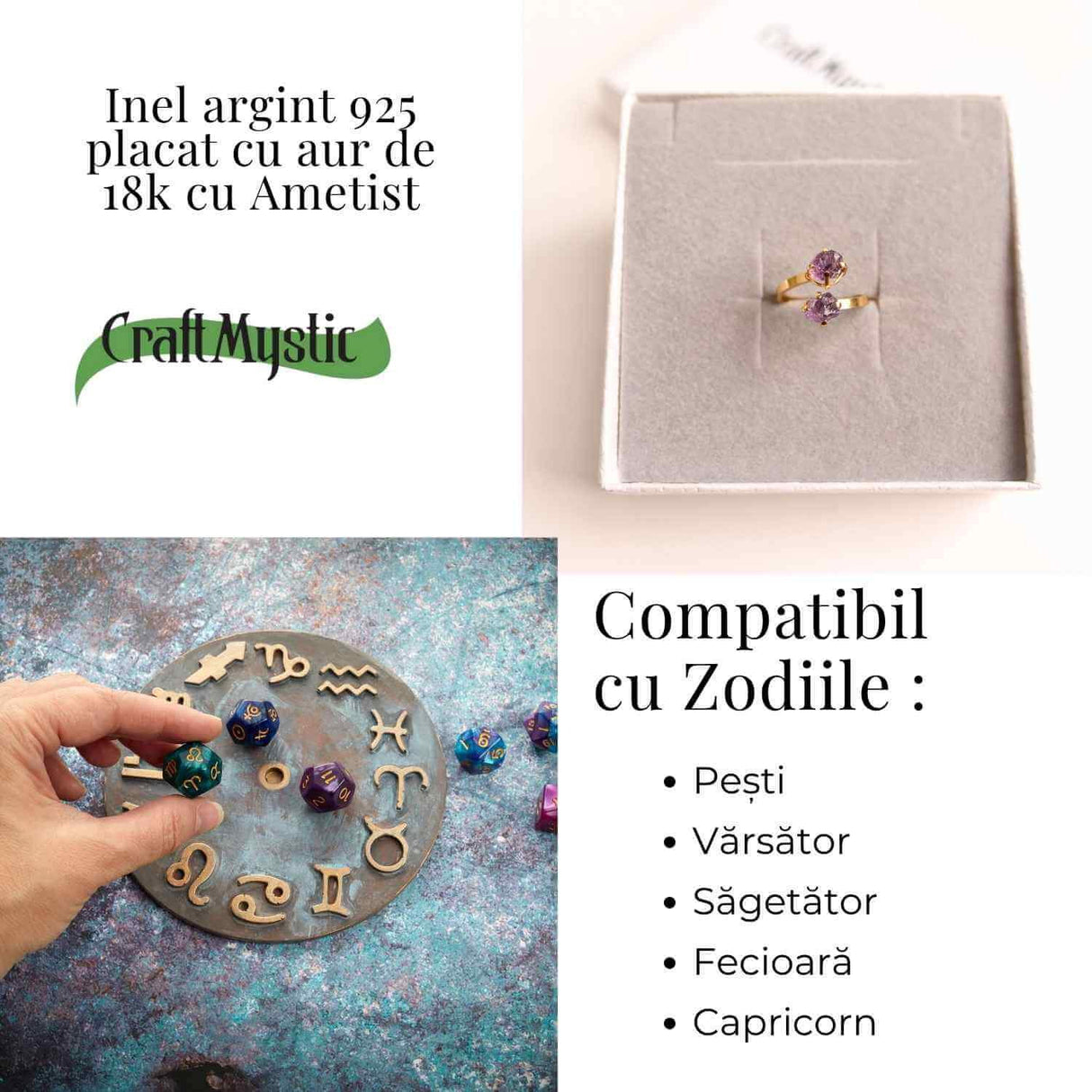 Inel Ajustabil Argint 925 placat cu Aur 18K si Dublu Ametist - Calm si Protectie Energetica