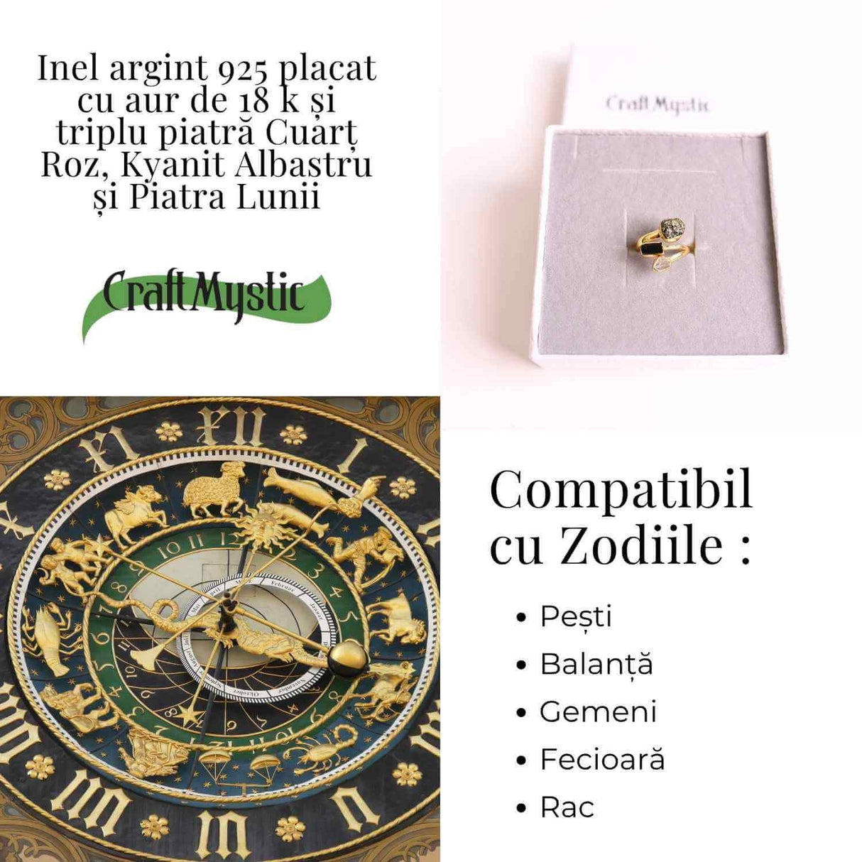 Inel din Argint 925 placat cu Aur de 18K cu Kianit Albastru, Cuart Roz si Piatra Lunii 3.68gr M 52/6- Armonie Interioara, Claritate si Deschidere Emotionala