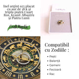 Inel din Argint 925 placat cu Aur de 18K cu Kianit Albastru, Cuart Roz si Piatra Lunii 3.68gr M 52/6- Armonie Interioara, Claritate si Deschidere Emotionala